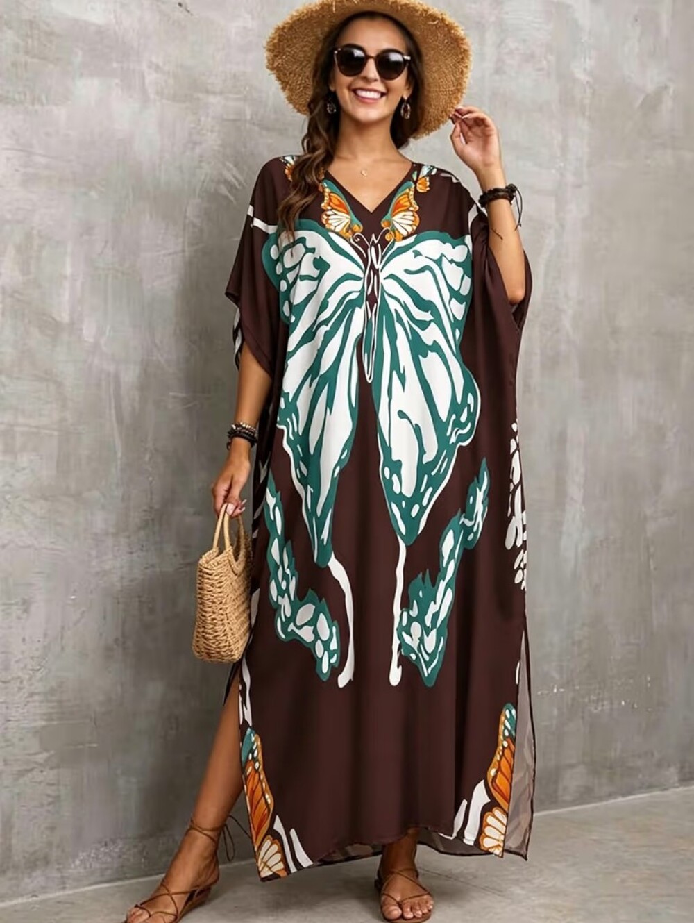 Kaftan Dress Plus Size Swimsuit Cover up Beach V Neck Lightweight Fits S-XXL - Picture 5 of 6